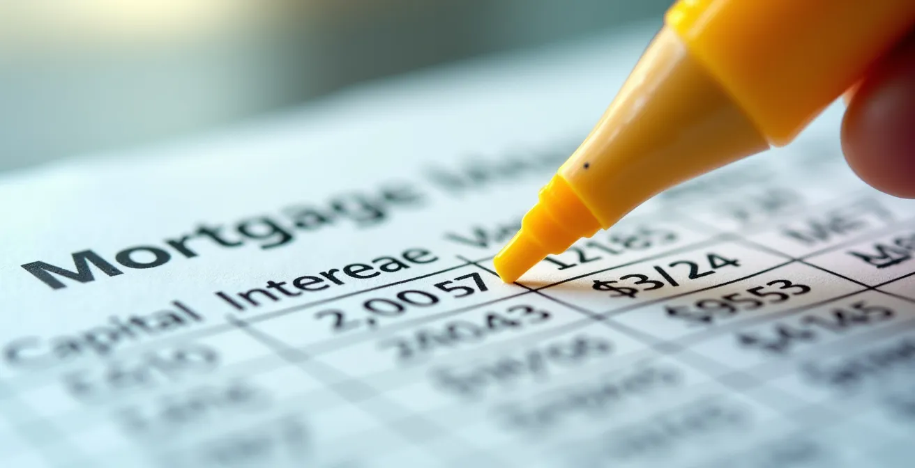 Vista macro di tabella ammortamento con evidenziatore che marca il punto di pareggio