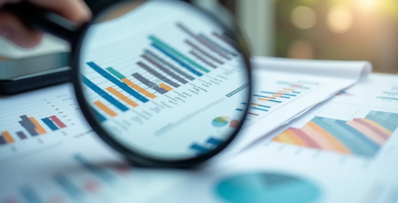 Dettaglio ravvicinato di documenti finanziari con lente d'ingrandimento che evidenzia i costi