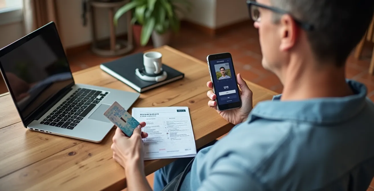 Persona che effettua videochiamata per attivazione SPID da casa con documenti sul tavolo