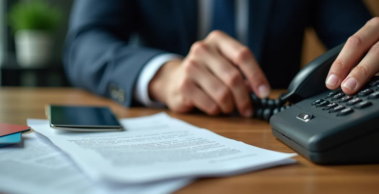 Mani che tengono documenti e un telefono fisso per contattare la banca