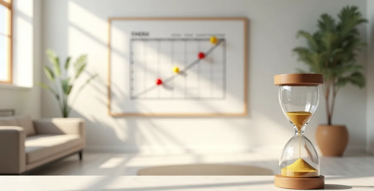 Timeline visiva con calendario e clessidra che mostra il percorso temporale del ripristino creditizio