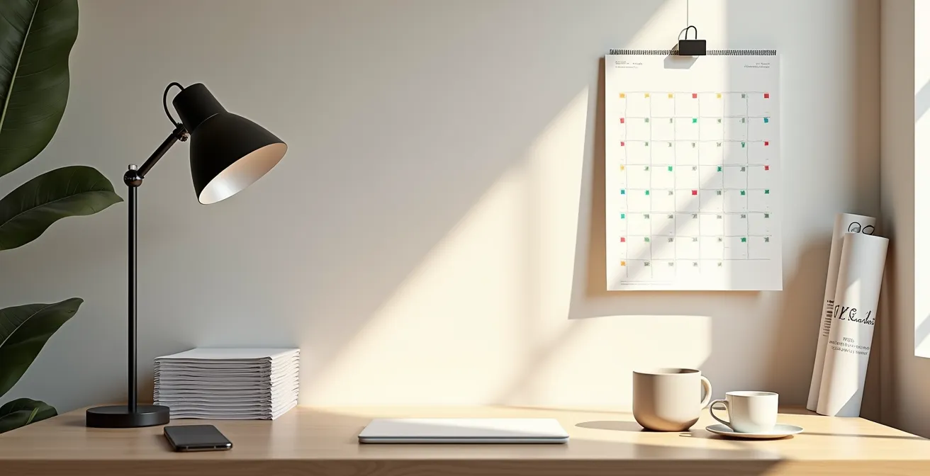 Vista minimalista di calendario e documenti organizzati su scrivania moderna italiana