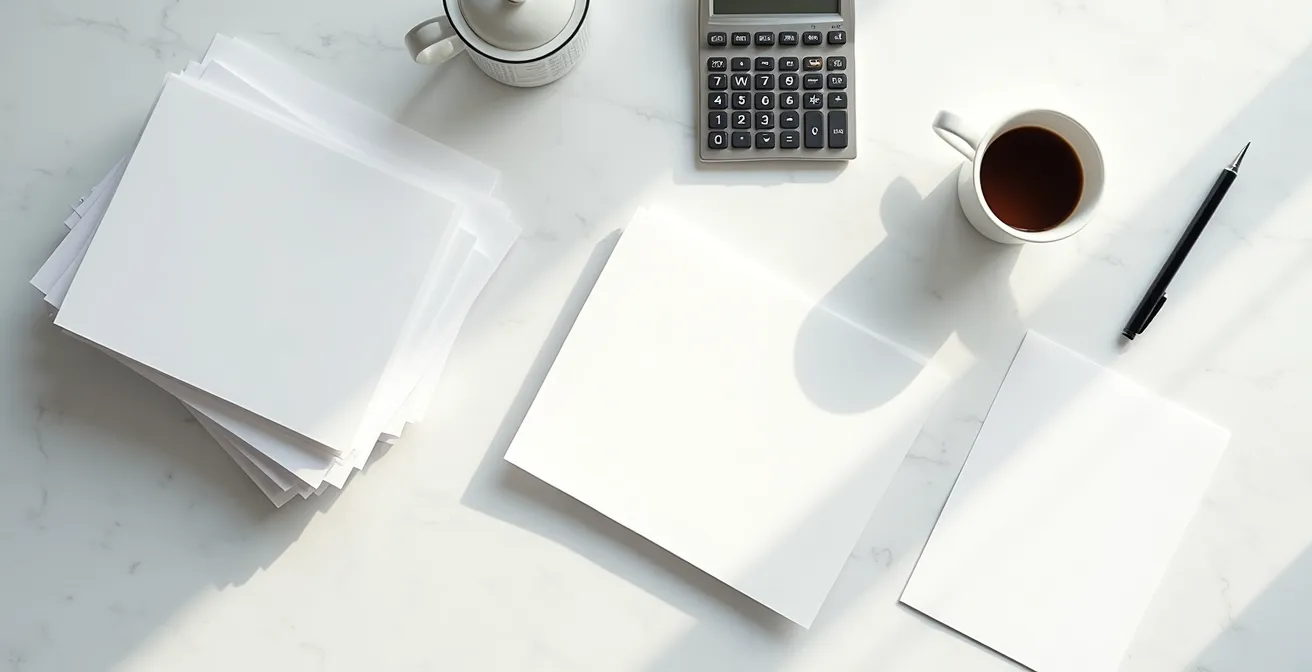 Vista dall'alto di scrivania con documenti bancari e calcolatrice professionale