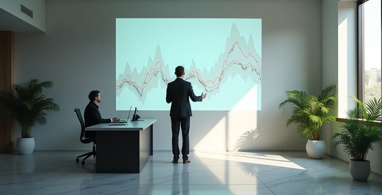 Ufficio bancario italiano con consulente che mostra grafici di andamento tassi