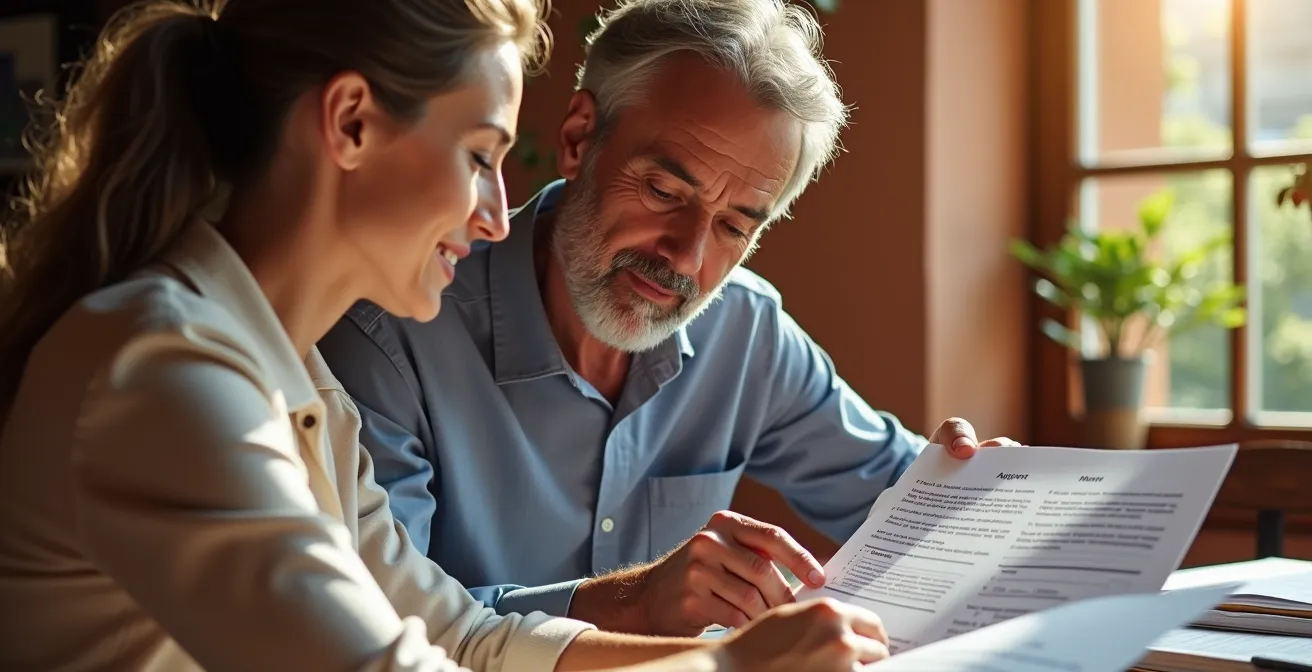 Coppia italiana che esamina documenti finanziari insieme al tavolo di casa