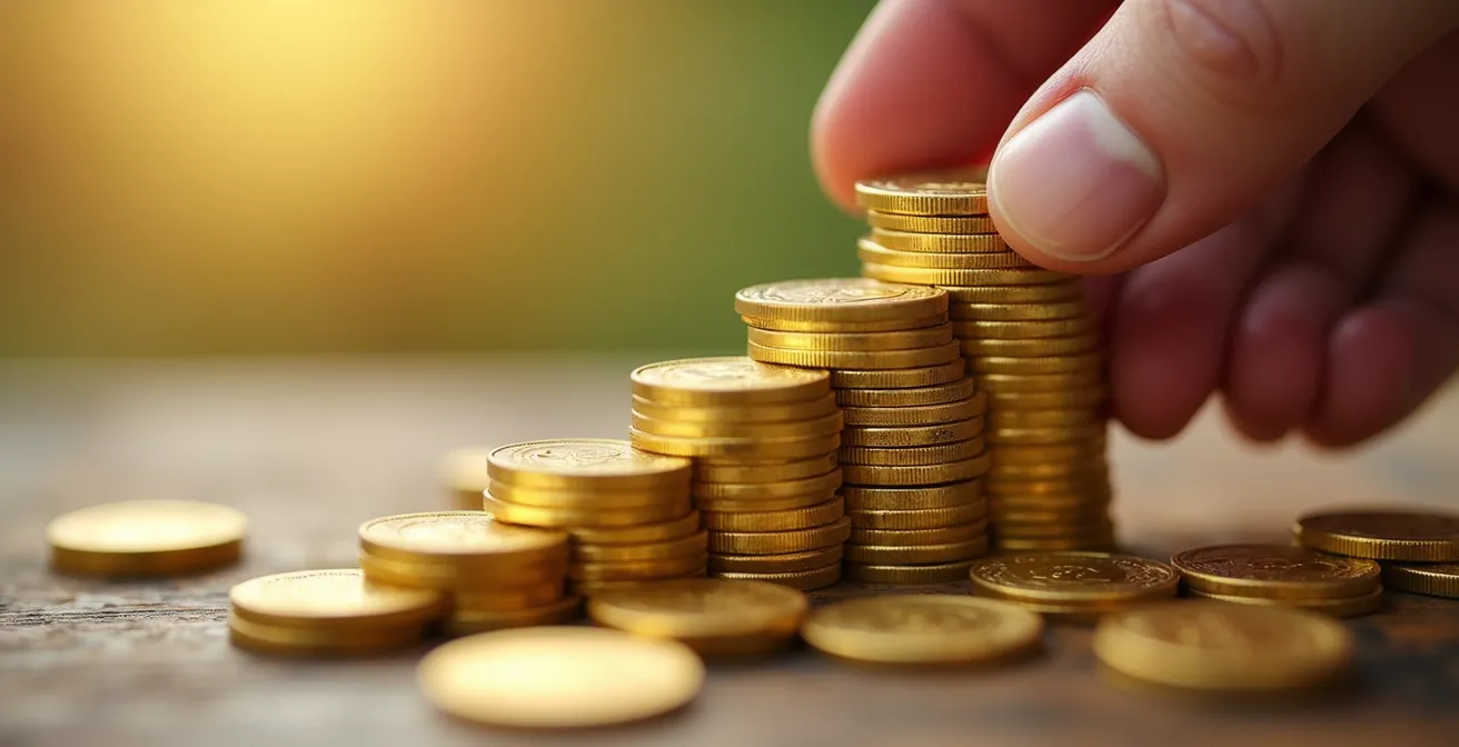 Mani che posizionano con cura mattoncini dorati formando una solida fondazione creditizia