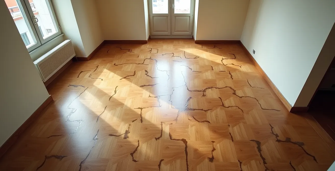 Vista dall'alto di un appartamento con tracce d'acqua sul pavimento che mostrano il percorso dell'allagamento