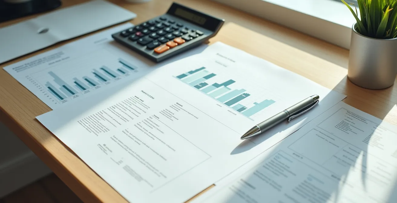 Scrivania ordinata con documenti finanziari e calcolatrice vista dall'alto