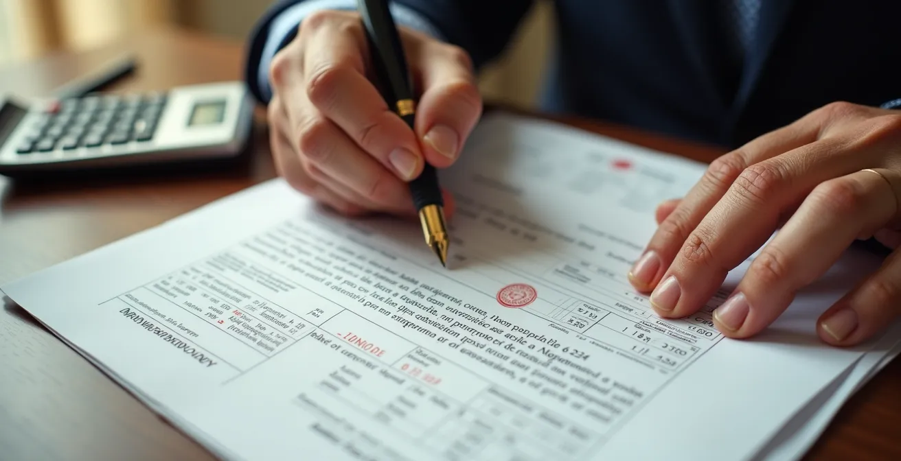 Mani che firmano atto notarile con calcolatrice e documenti fiscali sul tavolo