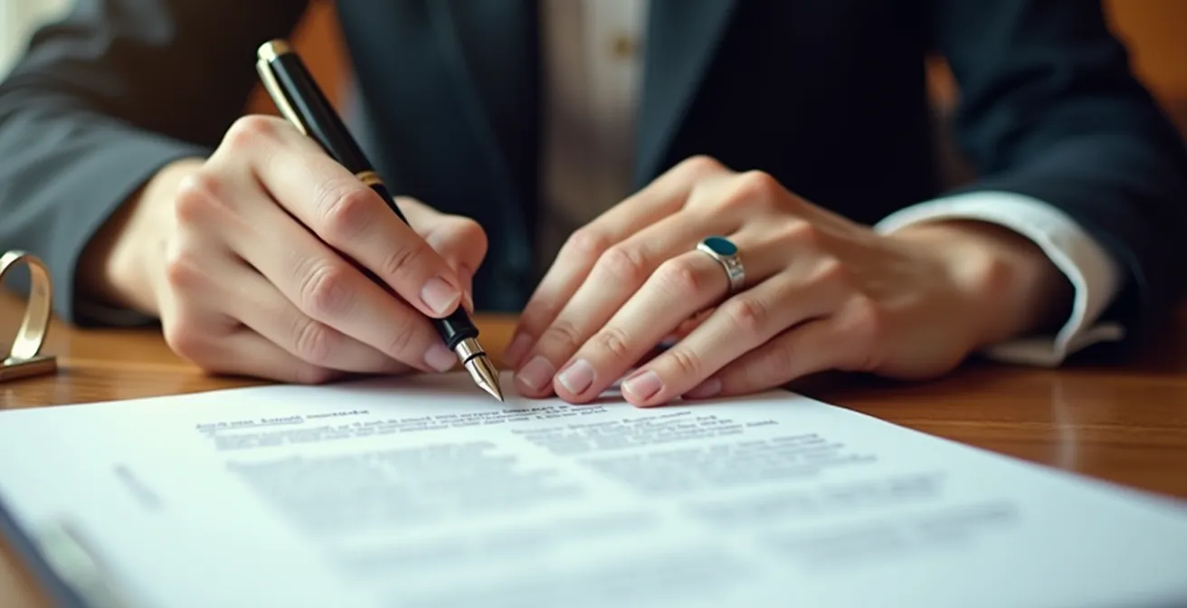 Mani che firmano documenti di donazione con elementi simbolici di solidarietà