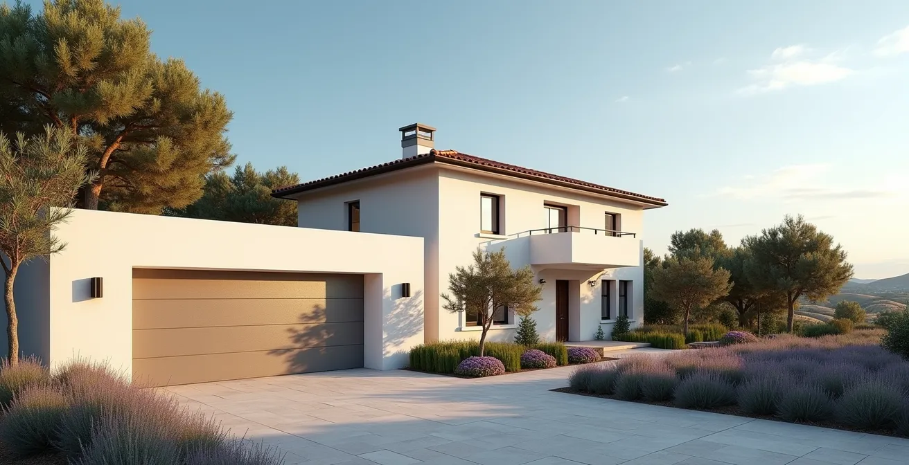 Vista esterna di un garage moderno collegato a una casa italiana con giardino mediterraneo