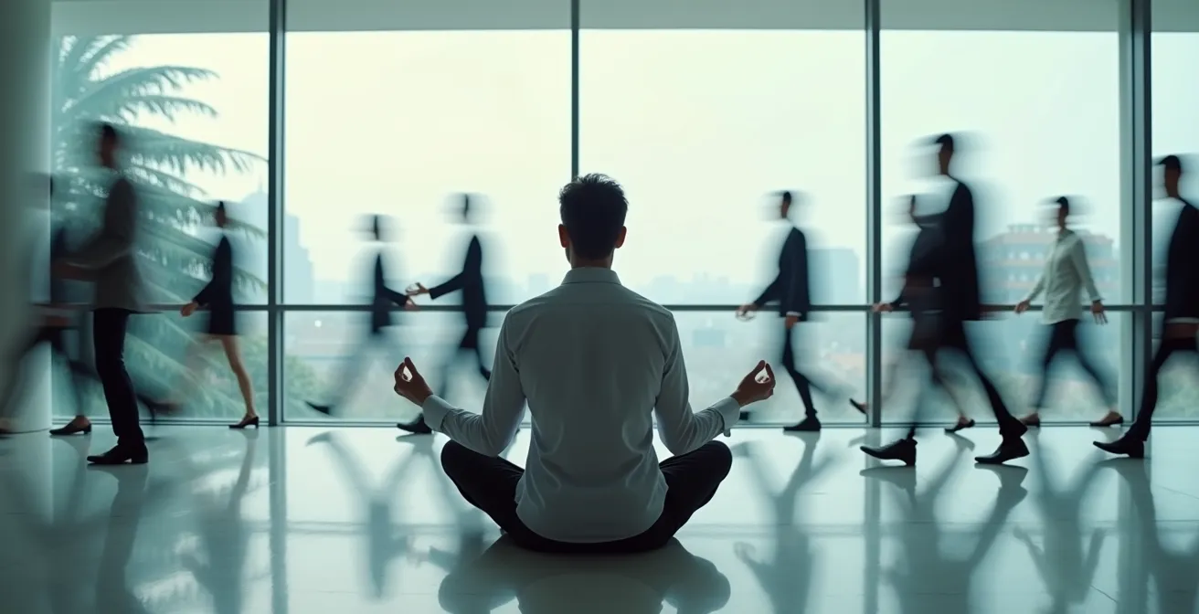 Una persona medita serenamente in un ufficio, mentre all'esterno il movimento frenetico simboleggia la calma necessaria per affrontare la tempesta dei mercati finanziari.