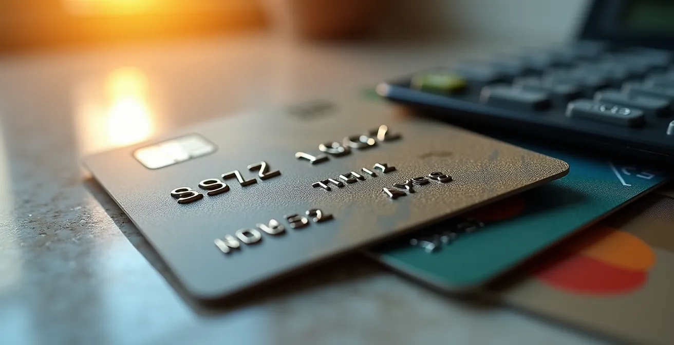 Dettaglio macro di carte bancarie internazionali e calcolatrice su scrivania professionale