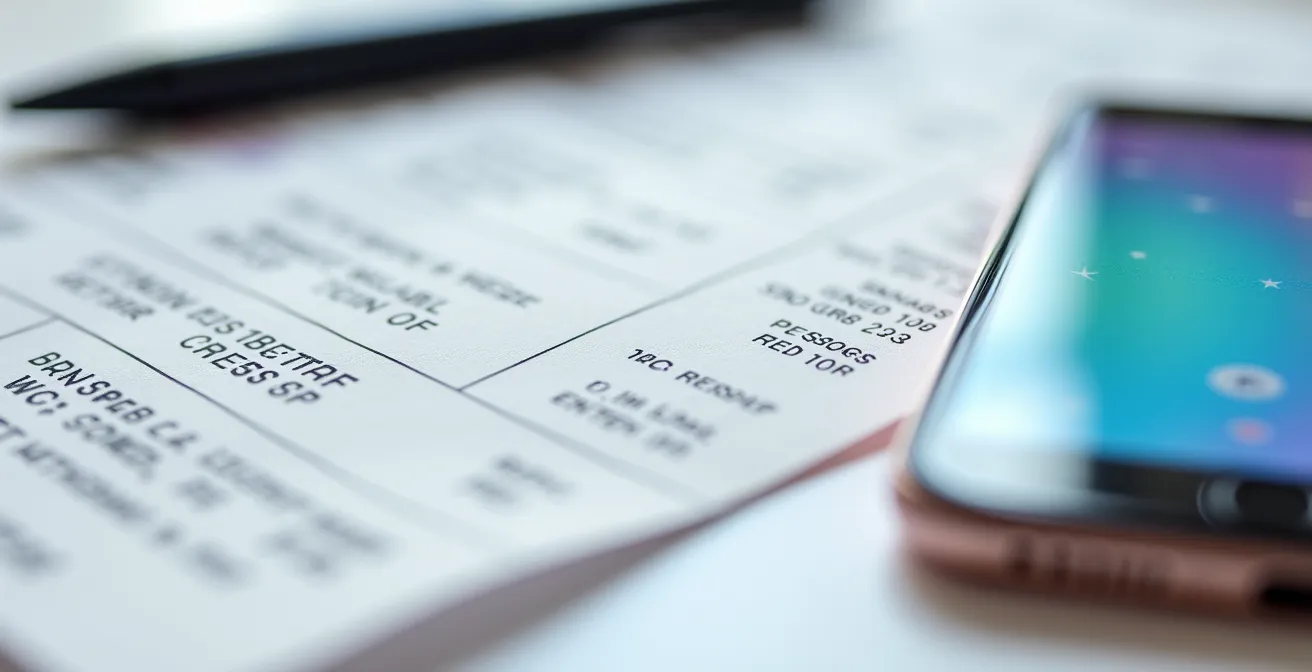 Macro dettaglio di scontrini farmaceutici e app mobile per organizzazione spese mediche