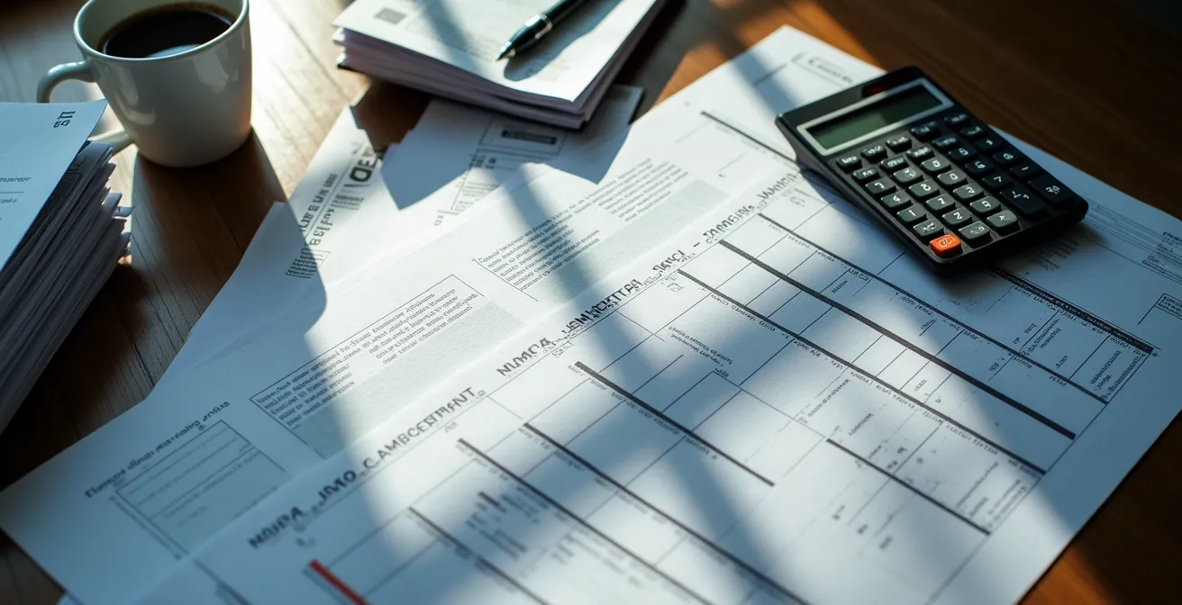 Vista dall'alto di scrivania con calendario fiscale, documenti e calcolatrice per pianificazione