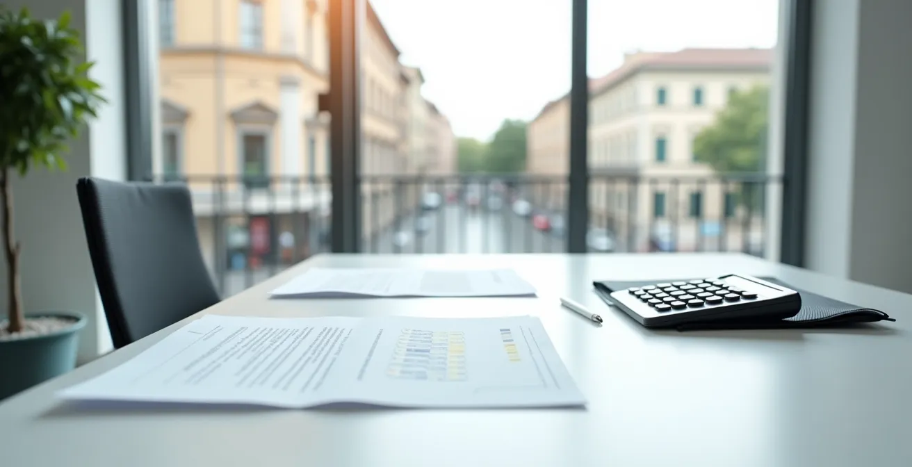 Documenti e calcolatrice pronti su una scrivania per calcolare l'estinzione anticipata di un prestito.