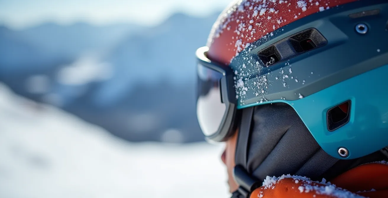 Sciatore con casco protettivo su pista innevata italiana con montagne alpine sullo sfondo