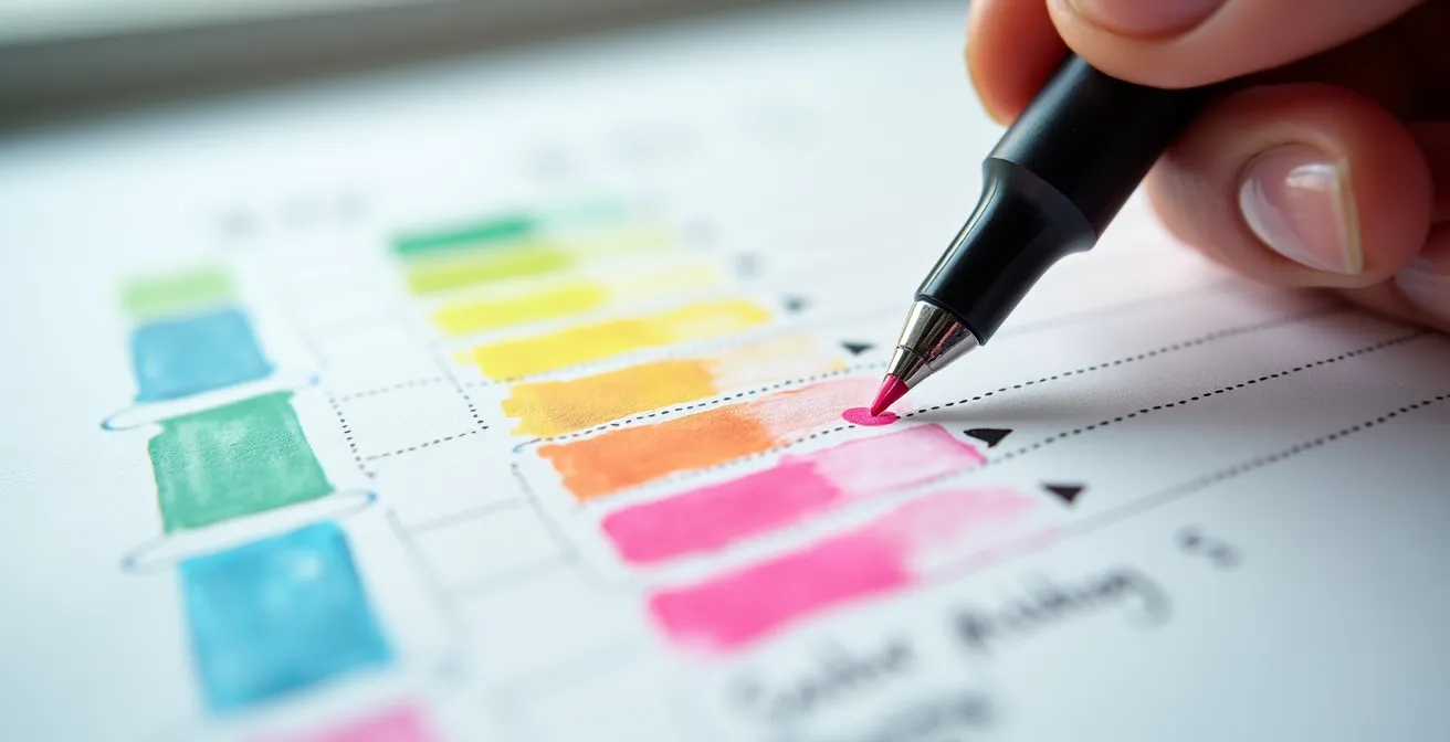 Quaderno di budgeting giapponese con grafici colorati e penna
