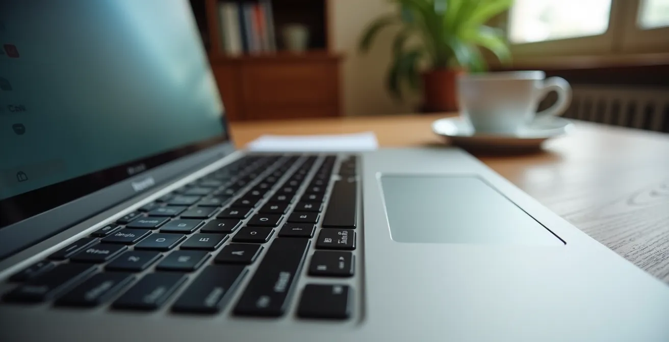 Computer portatile su scrivania italiana con documenti catastali sfocati