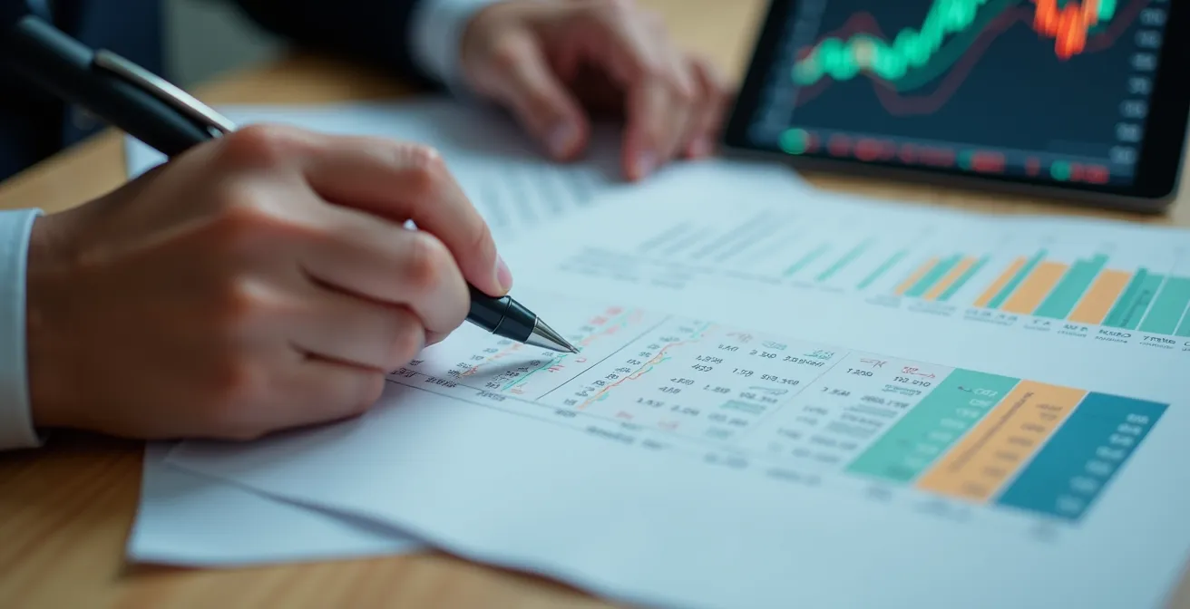 Mani che confrontano documenti bancari con tabelle ufficiali su tablet